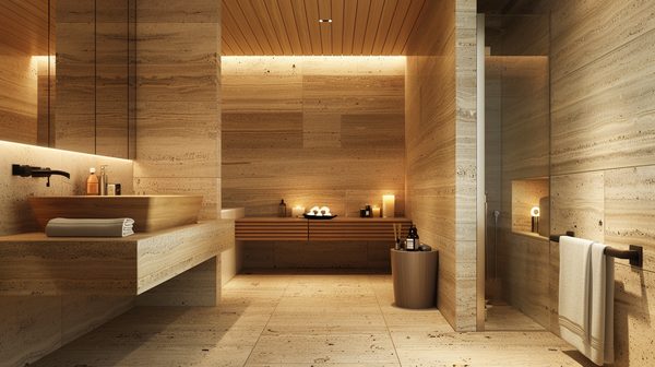 Idées déco salle de bain : travertin et bois pour un look naturel